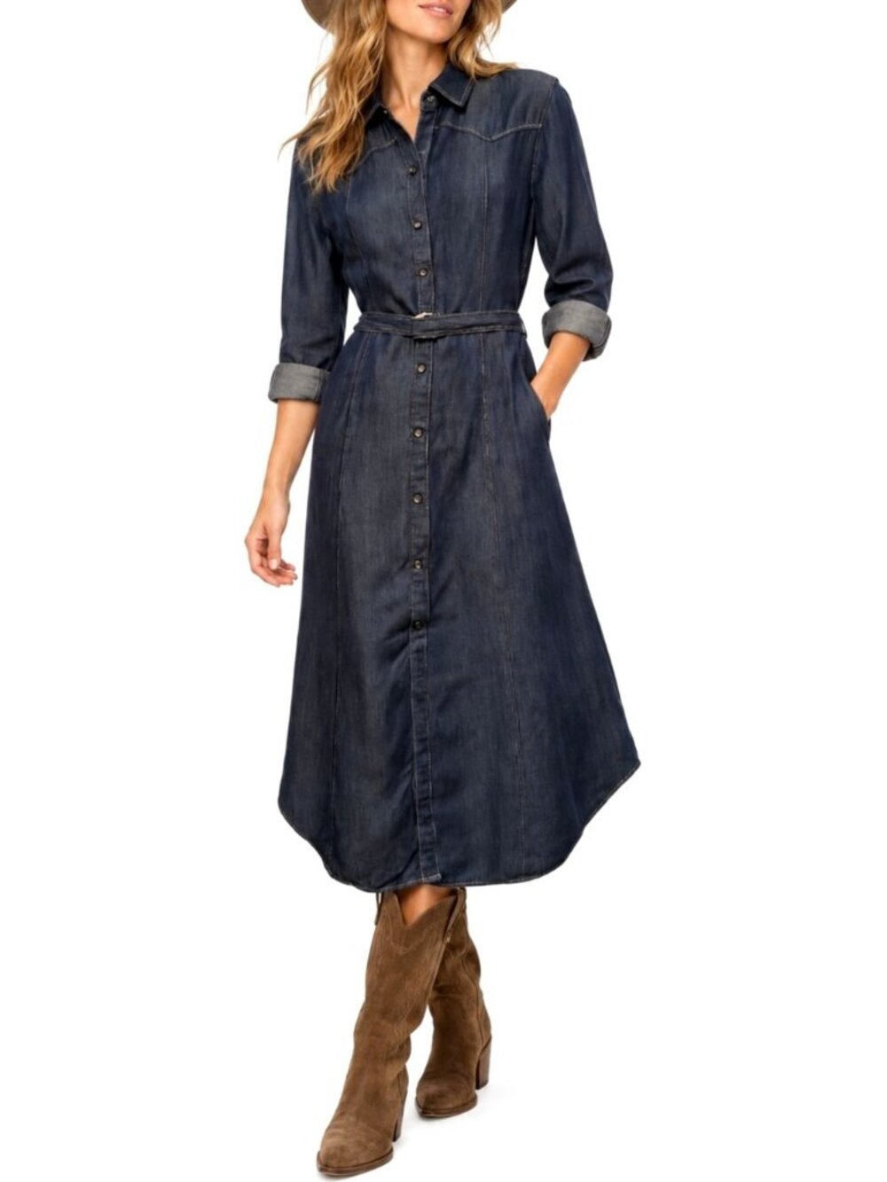 Bella Dahl Western Yoke Shirt Dress Linen Blend Belted Midi
